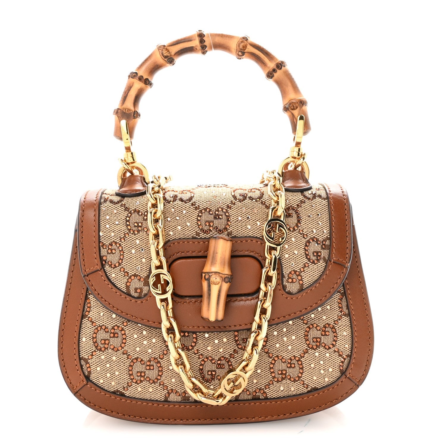 New Canvas Charisma Calfskin Crystal GG Monogram Small Bamboo 1947 Top Handle Bag Camel Ebony