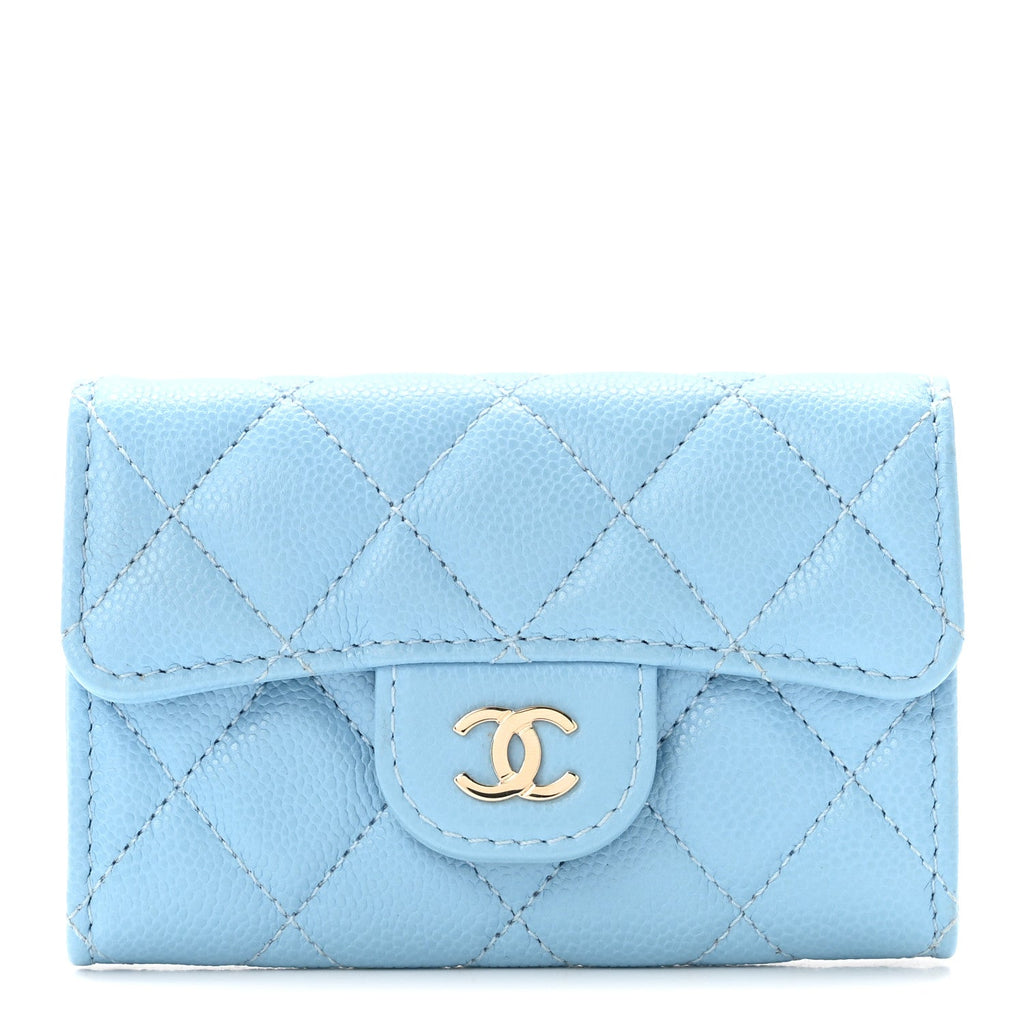 Caviar Quilted Flap Card Holder Wallet Light Blue