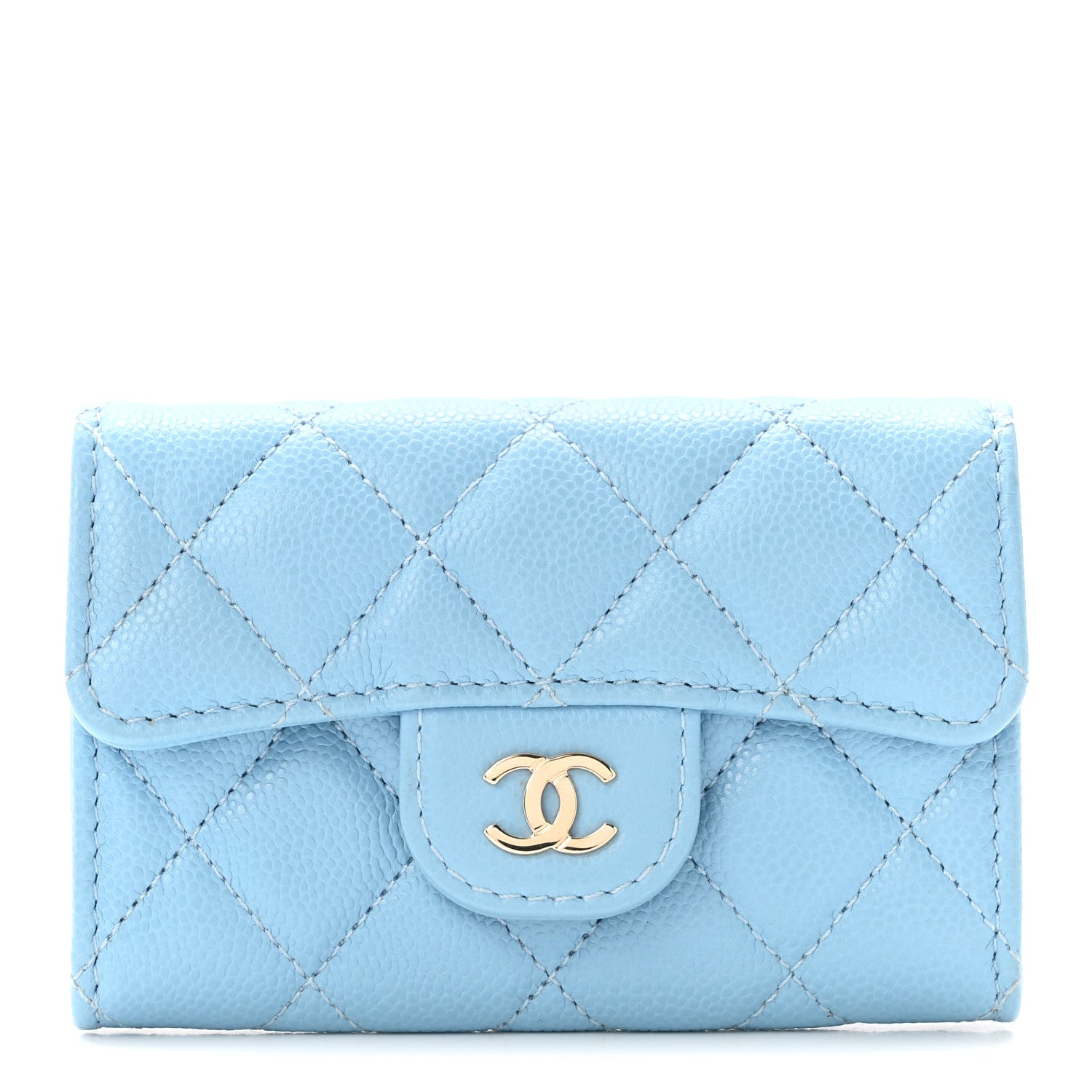 Caviar Quilted Flap Card Holder Wallet Light Blue