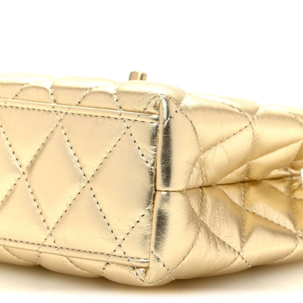 Metallic Shiny Aged Calfskin Quilted Nano Kelly Shopper Gold