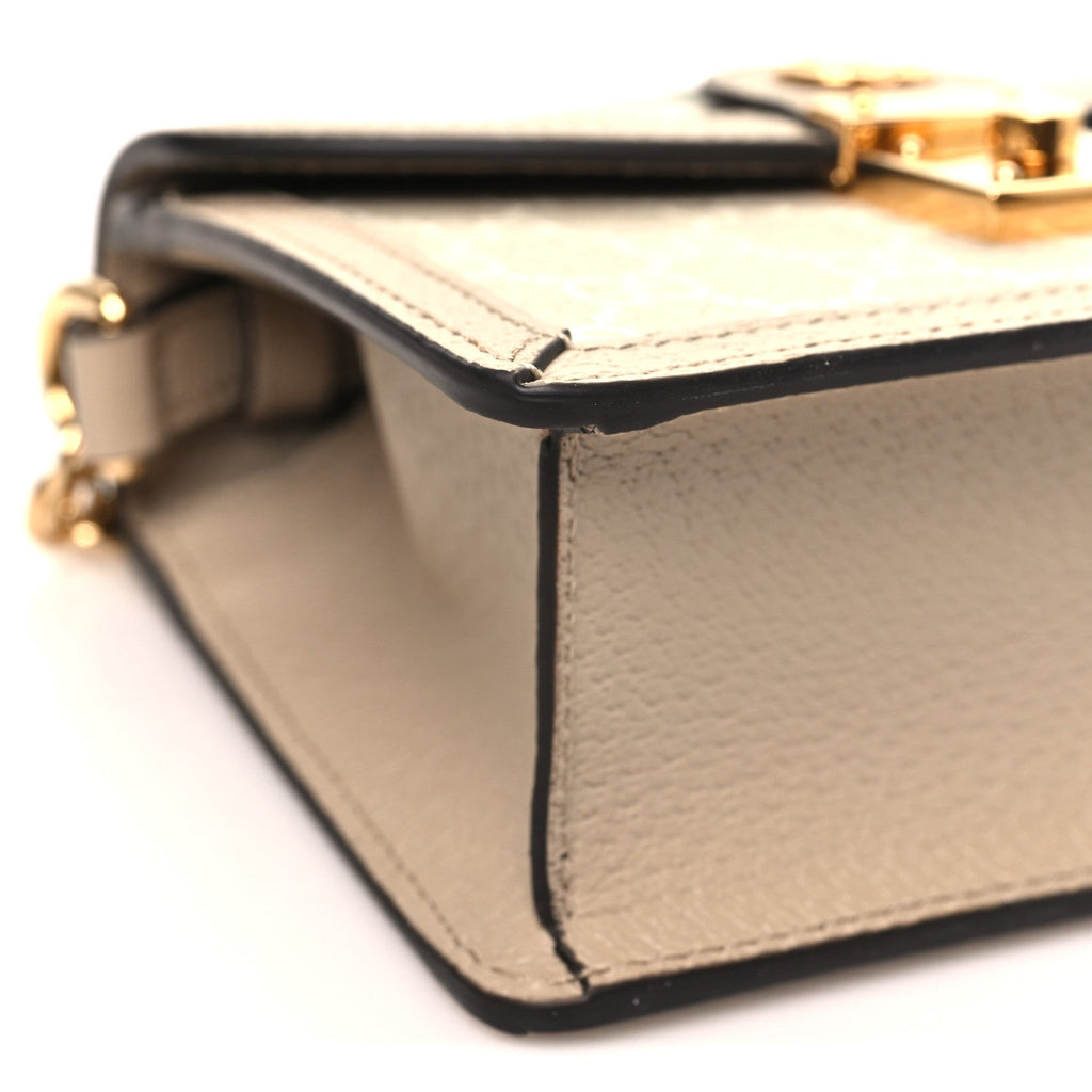 GG Supreme Monogram Textured Dollar Calfskin Web Mini Ophidia Padlock Top Handle Chain Shoulder Bag Beige Mystic White Oatmeal