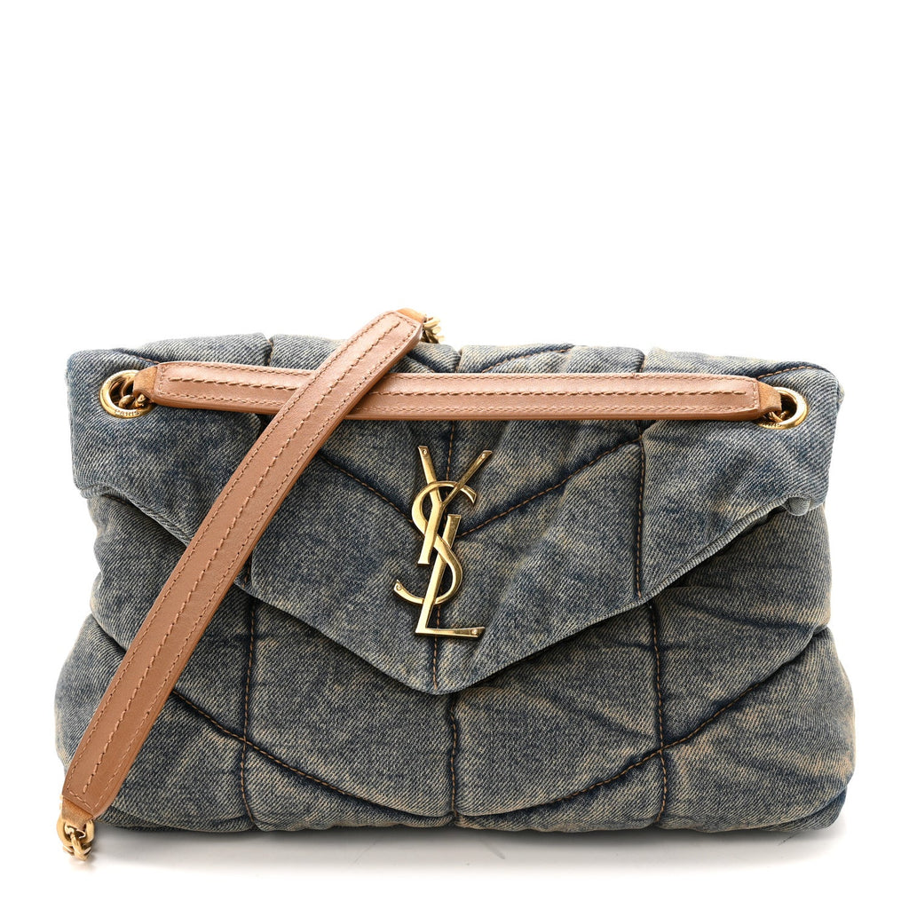 Denim Quilted Small Loulou Puffer Monogram Chain Satchel Blue Cinnamon