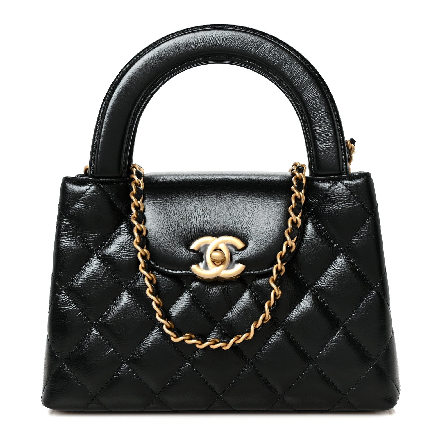 Shiny Aged Calfskin Quilted Nano Kelly Shopper Black