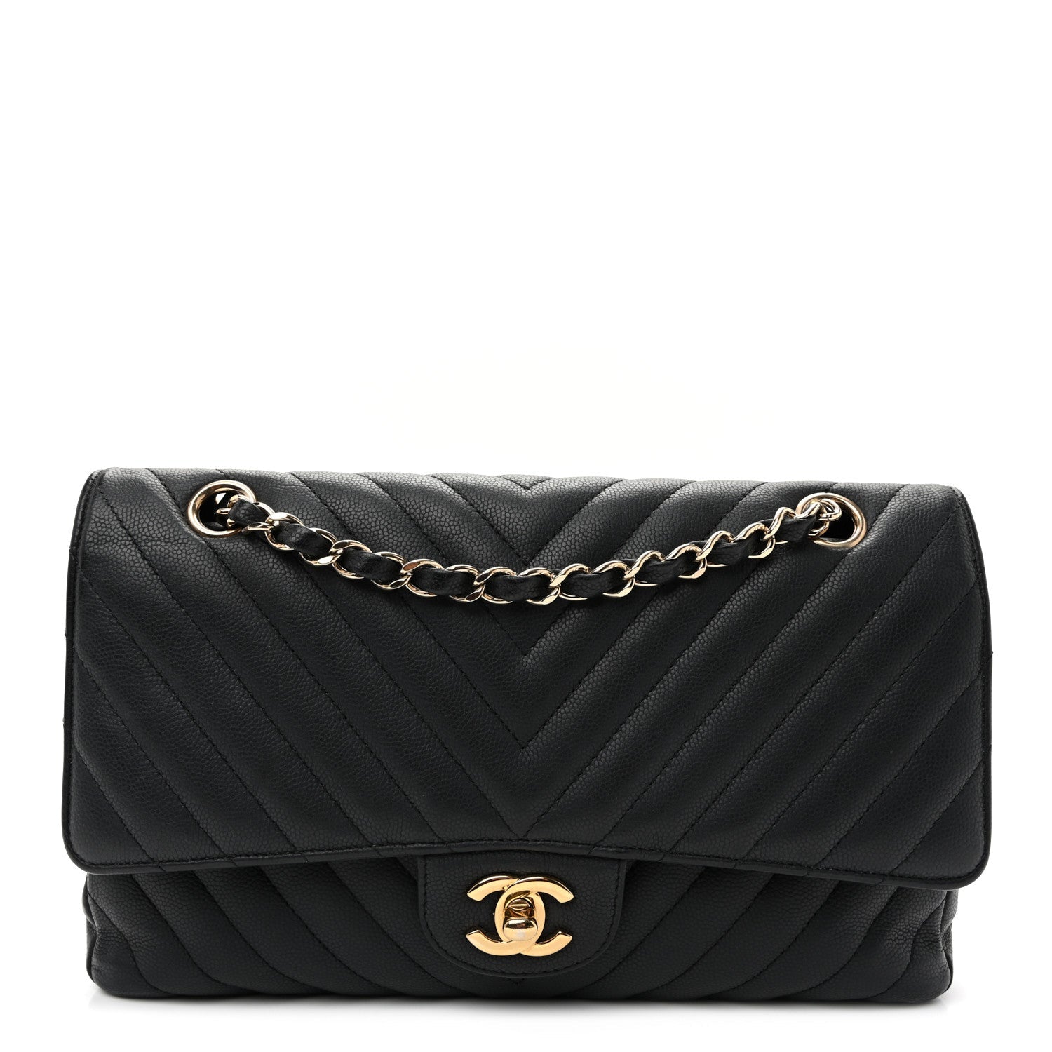 Matte Caviar Chevron Quilted Medium Double Flap Black