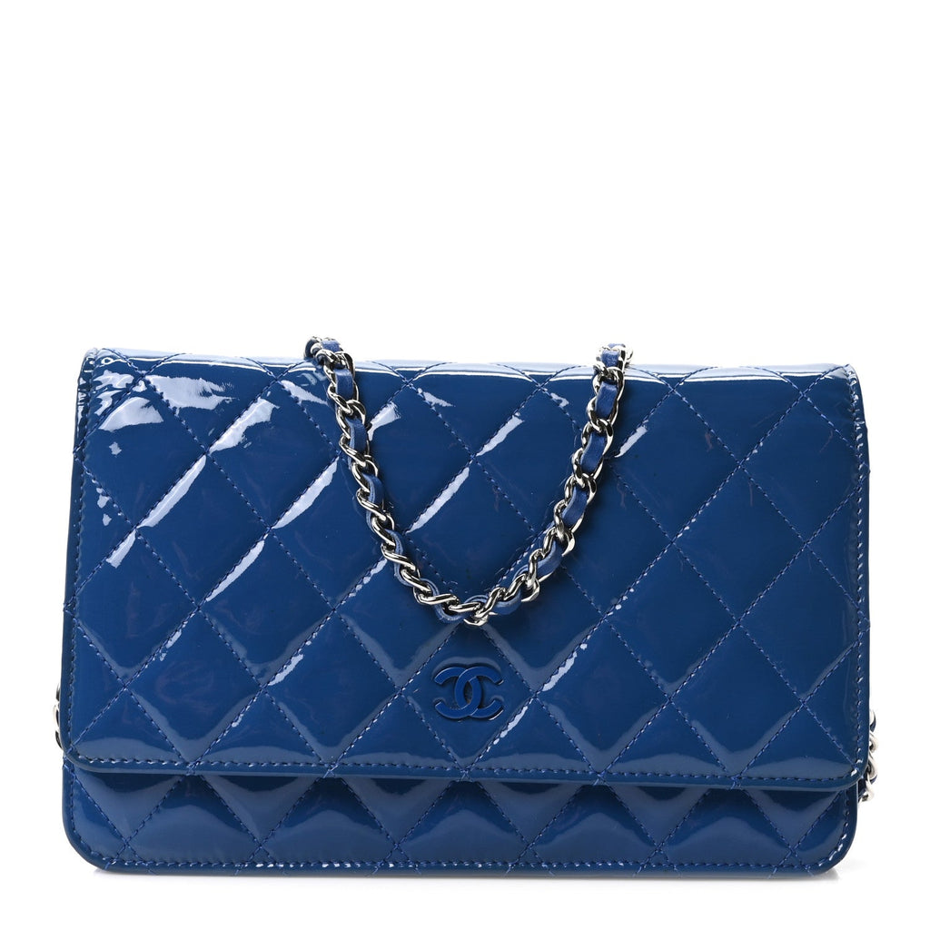 Patent Calfskin Quilted Wallet On Chain WOC Dark Blue