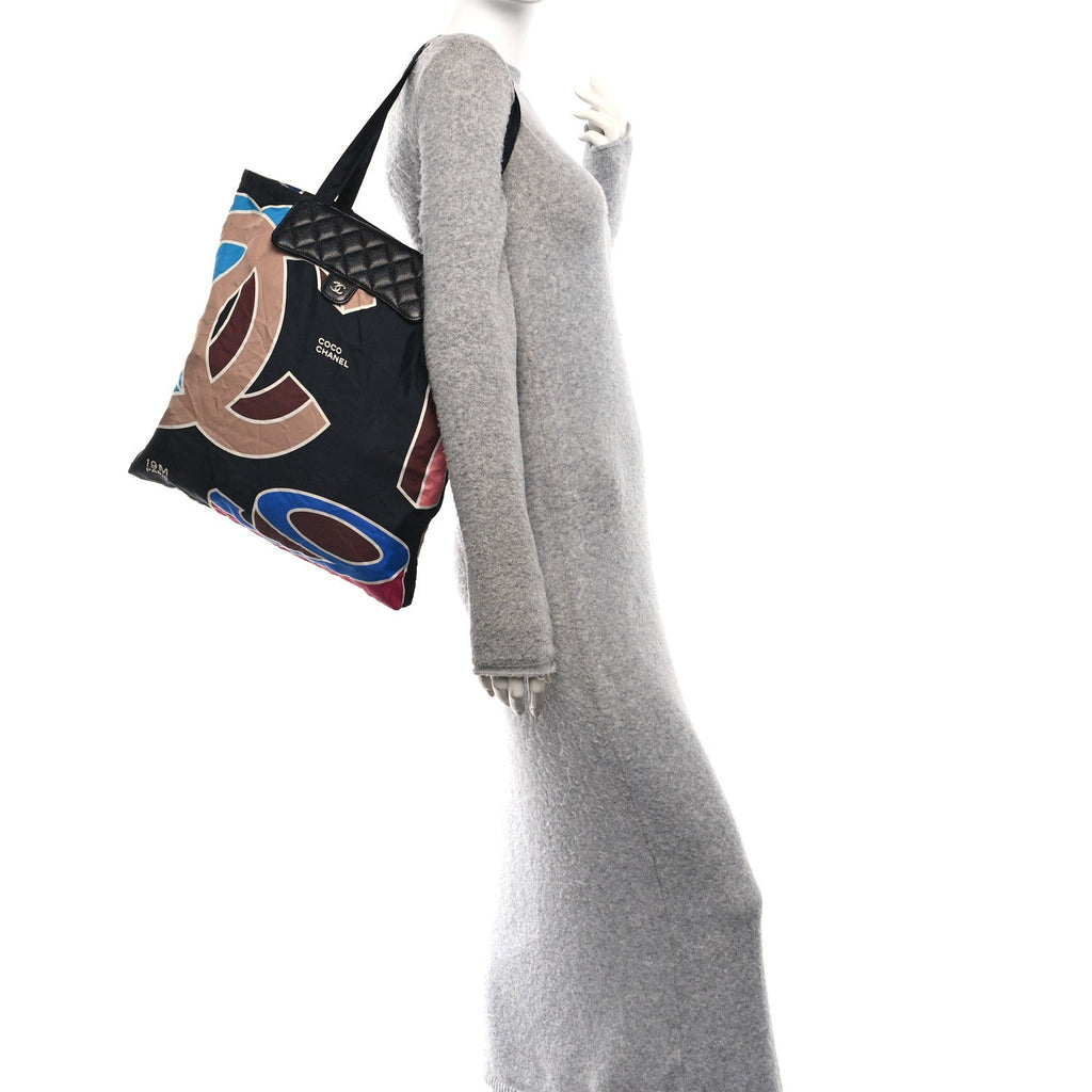 Caviar Fabric Foldable Tote Bag With Chain Black Multicolor
