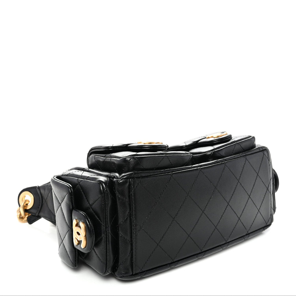 Shiny Lambskin Quilted Trendy Pockets Hobo Black