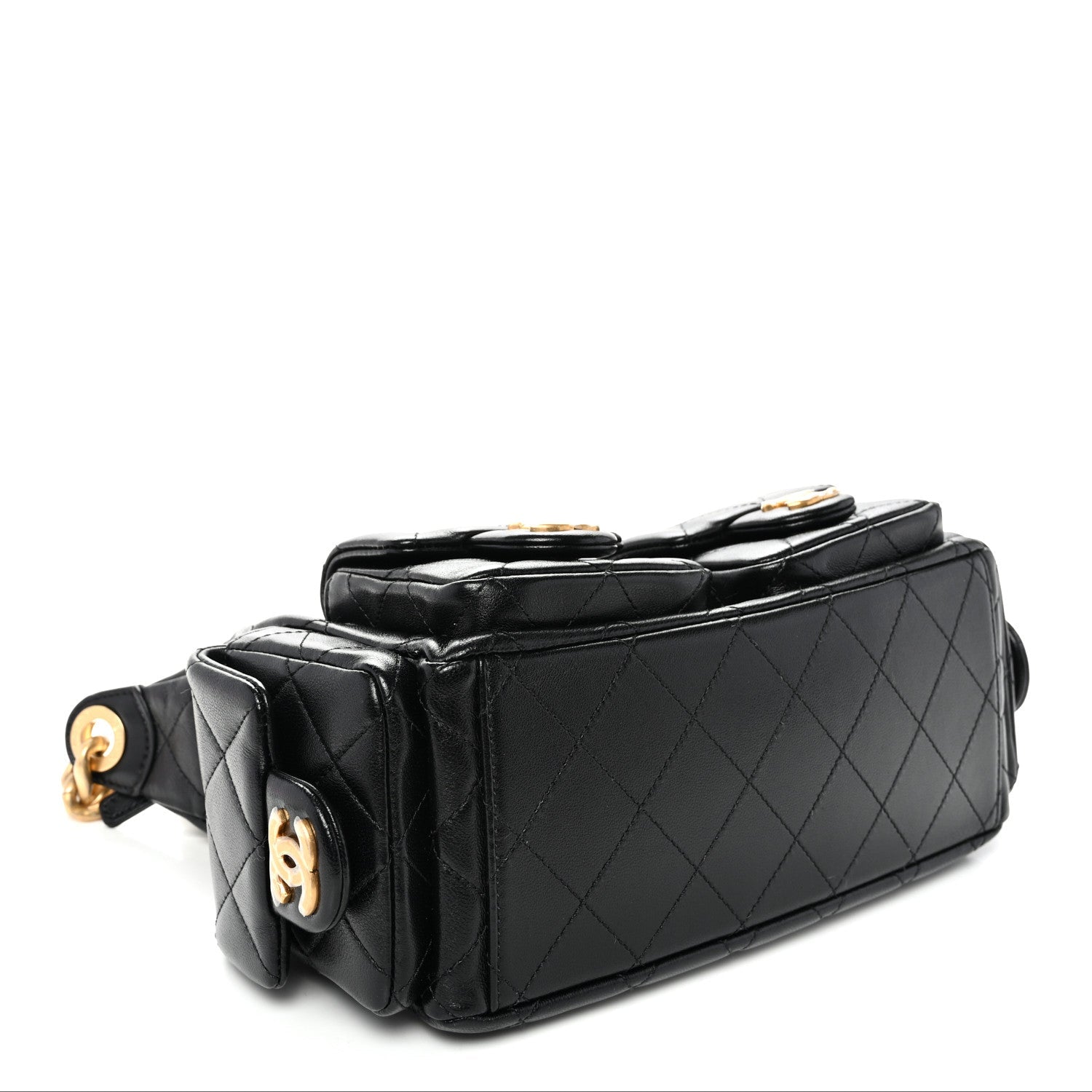 Shiny Lambskin Quilted Trendy Pockets Hobo Black
