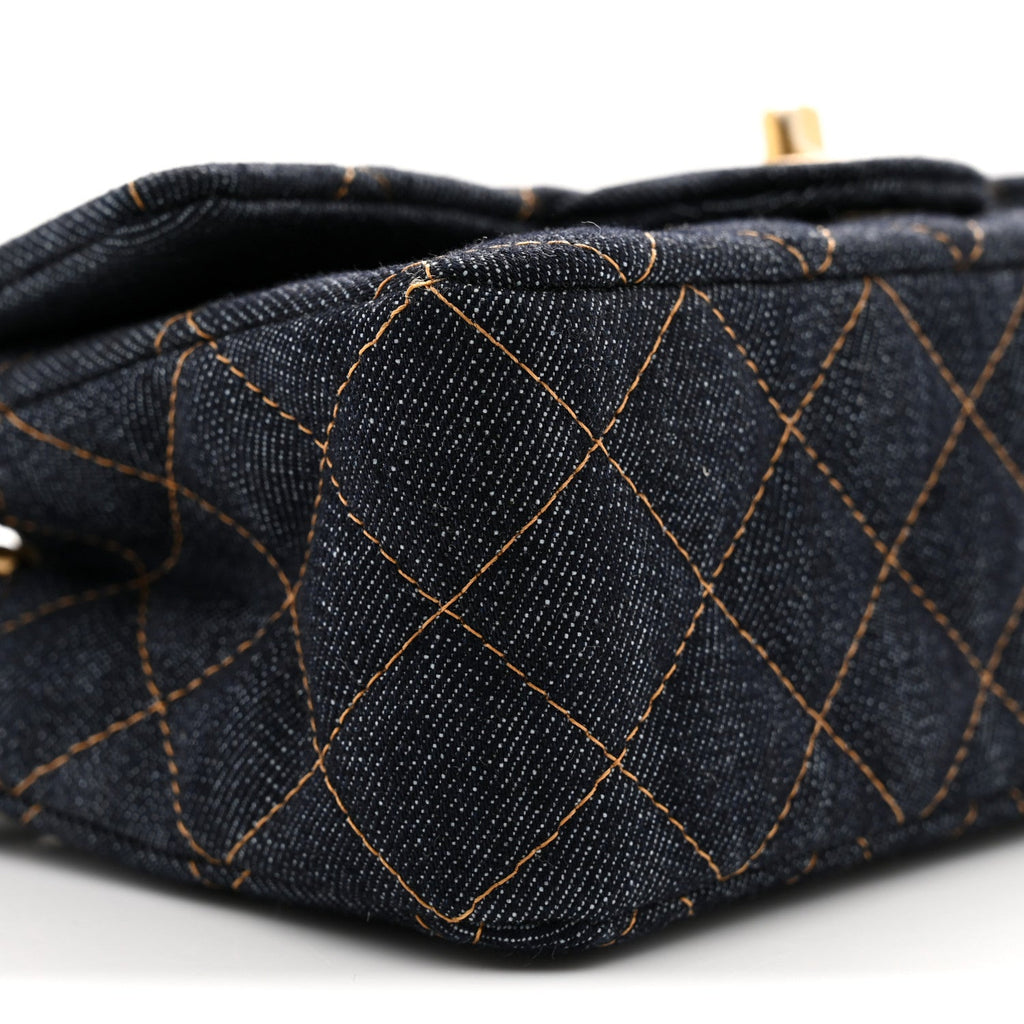 Denim Quilted Mini Rectangular Flap Dark Blue Orange