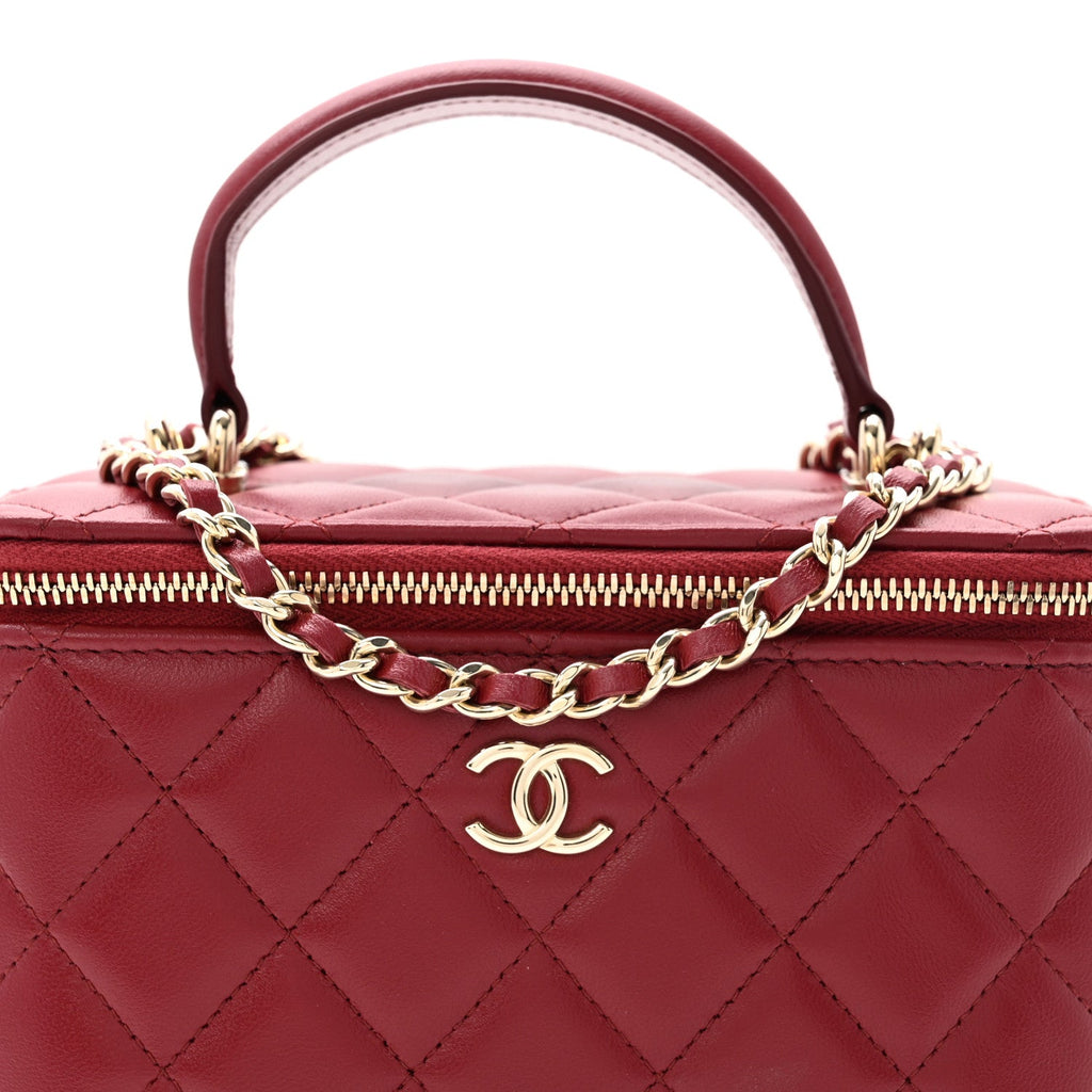 Lambskin Quilted Small Top Handle Vanity Case With Chain Burgundy