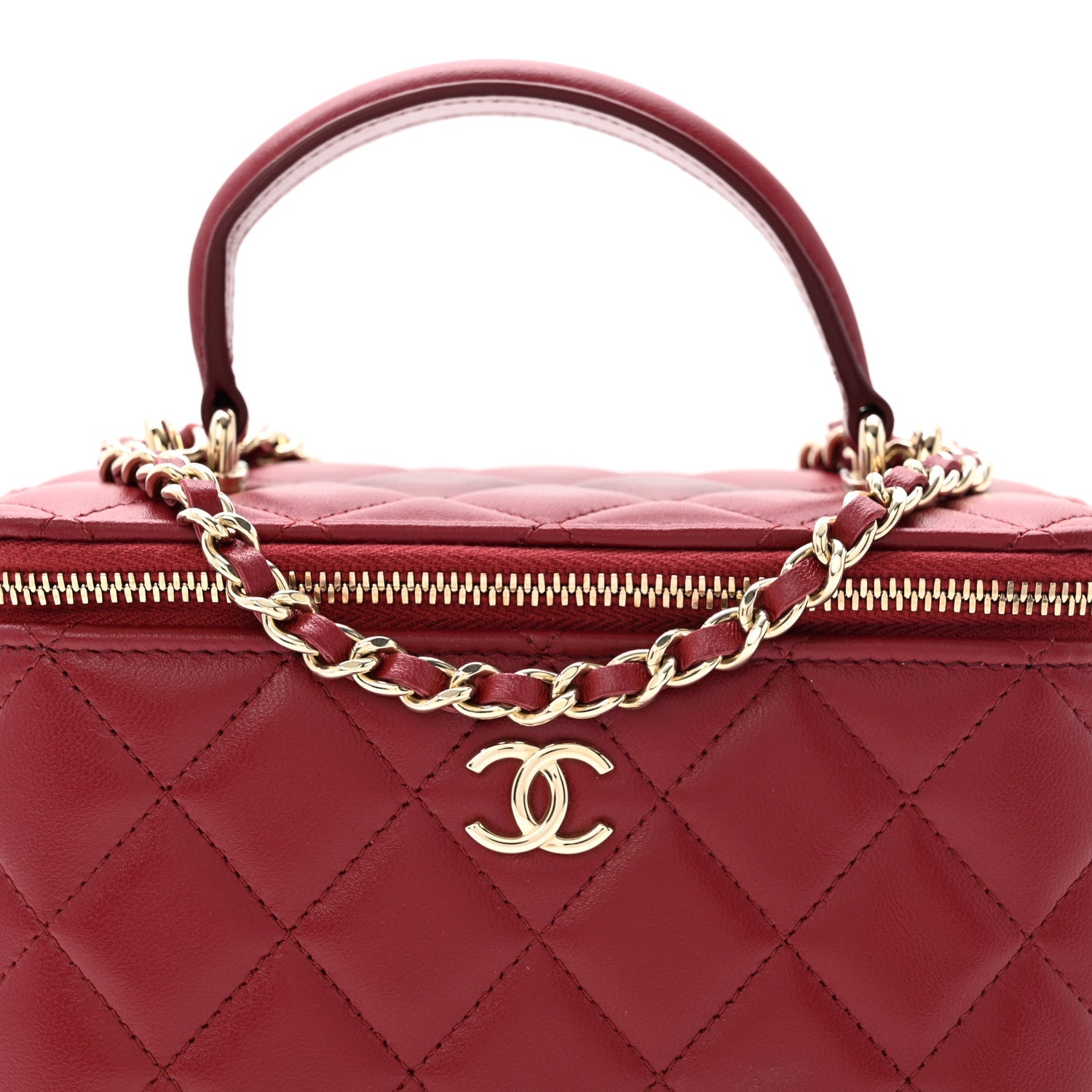 Lambskin Quilted Small Top Handle Vanity Case With Chain Burgundy