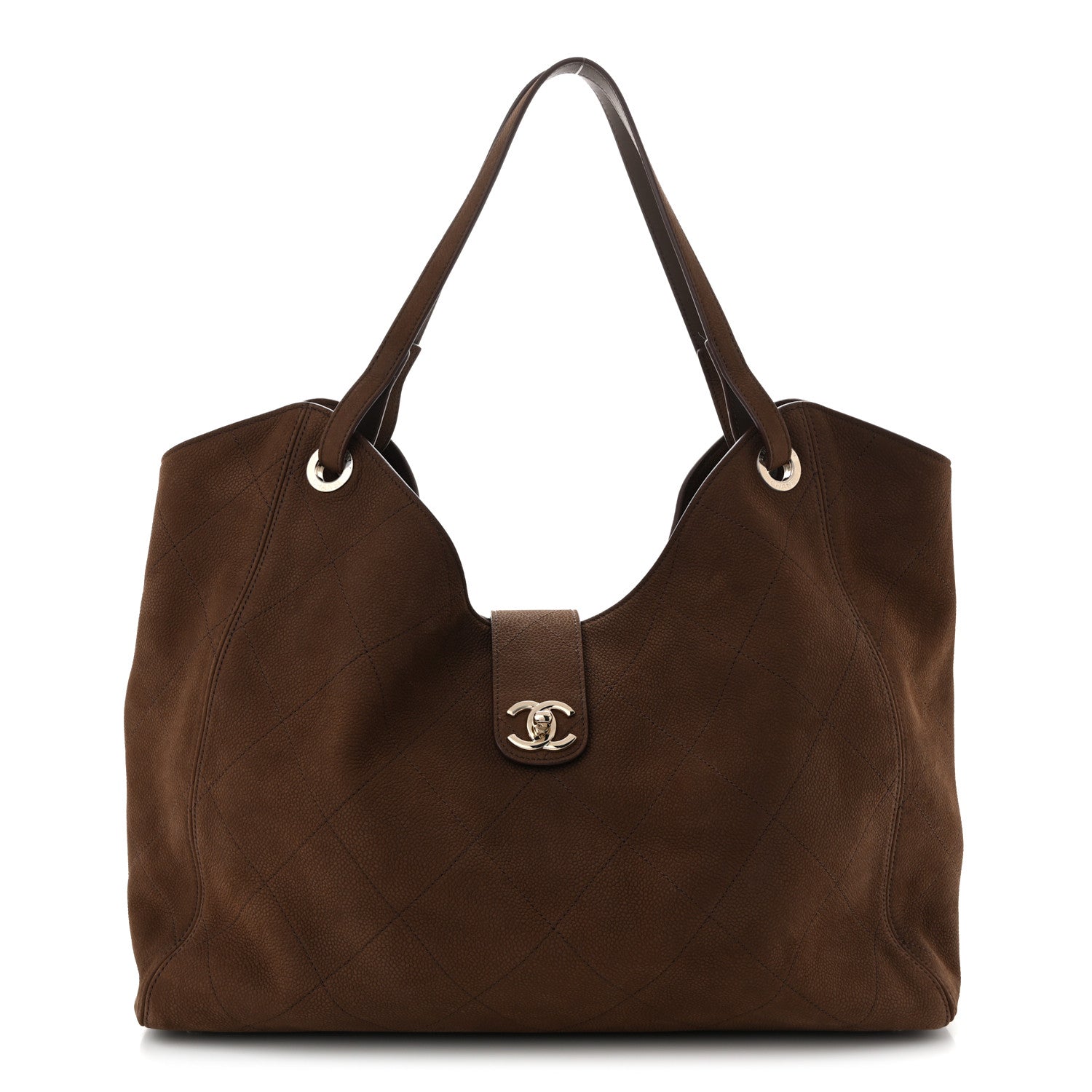 Grained Nubuck Calfskin Quilted Maxi Shopping Bag Dark Brown
