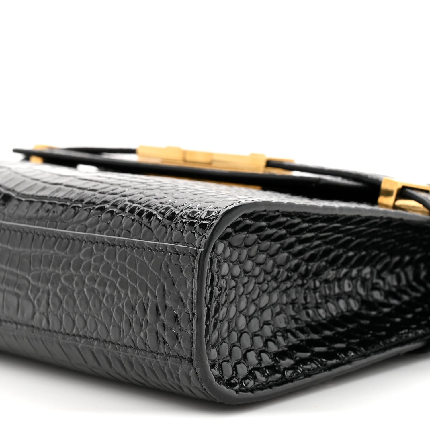 Shiny Calfskin Crocodile Embossed Small Manhattan Baguette Black