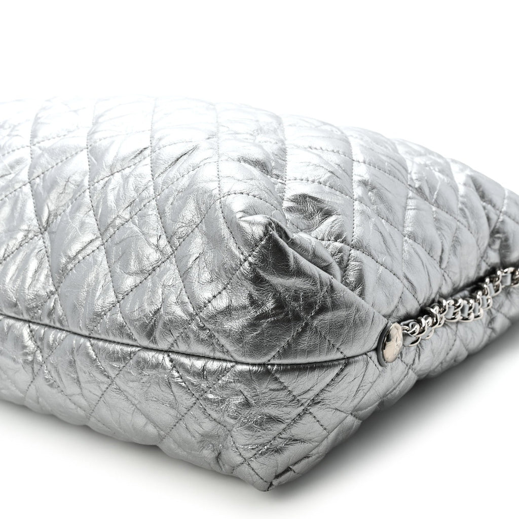 Metallic Crackled Calfskin Quilted Large Big Bang Hobo Silver