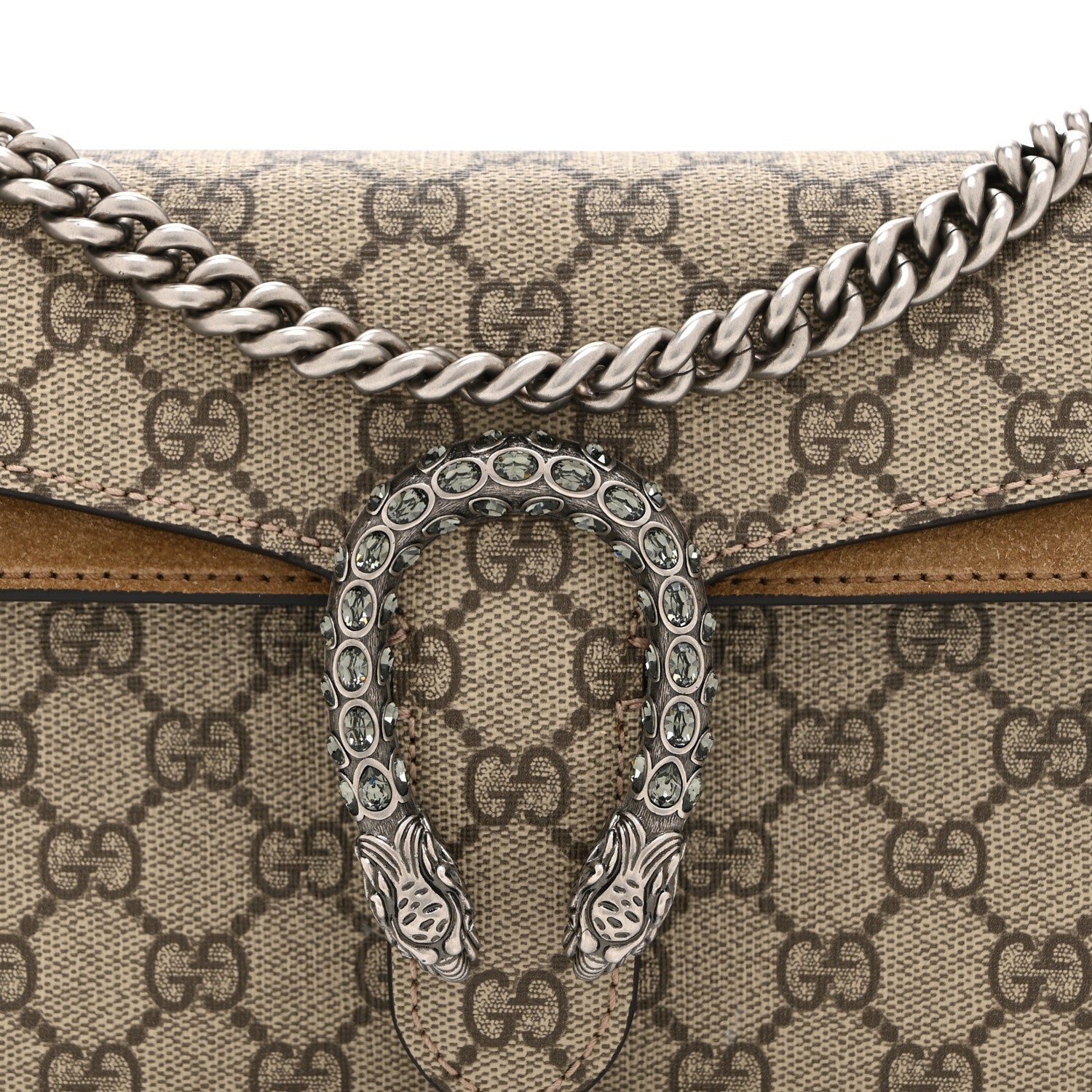 GG Supreme Monogram Suede Crystal Small Dionysus Shoulder Bag Beige Ebony Taupe