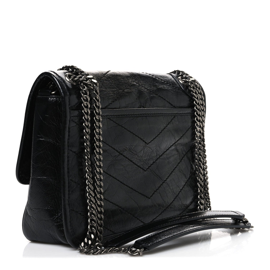 Crinkled Calfskin Matelasse Monogram Baby Niki Chain Satchel Black