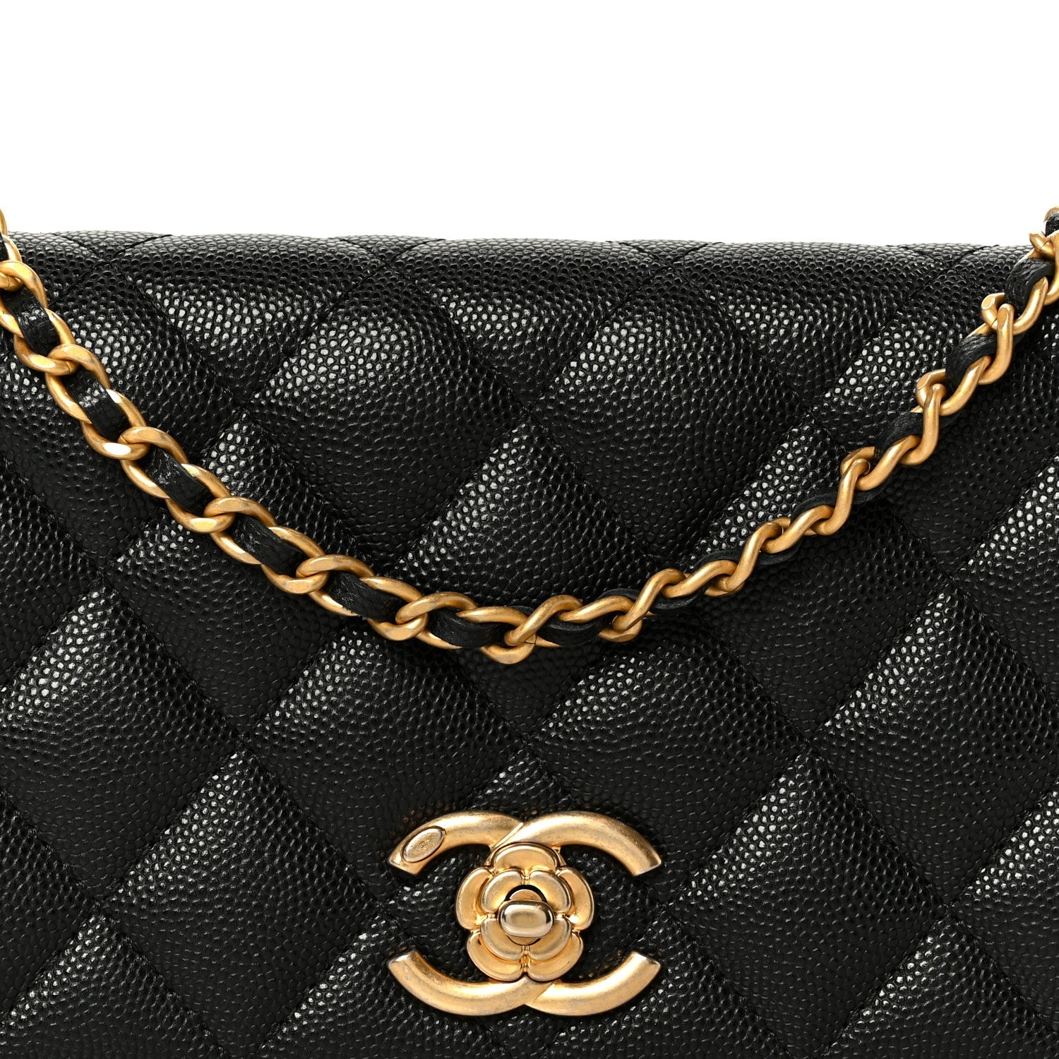 Caviar Quilted Camellia Clutch With Chain Black