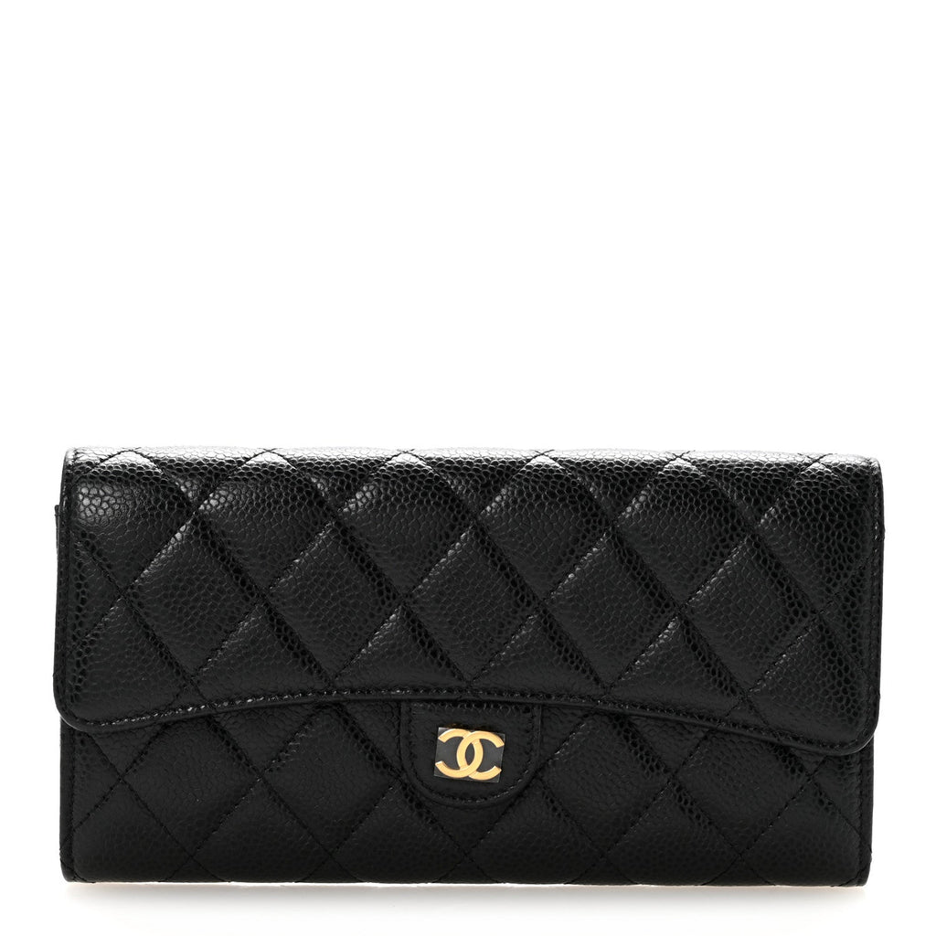 Caviar Quilted Large Gusset Flap Wallet Black