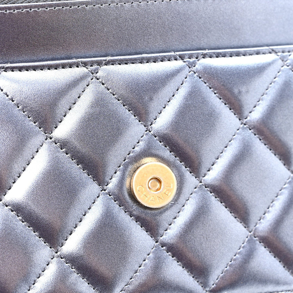 Metallic Calfskin Quilted Wallet On Chain WOC Navy Blue