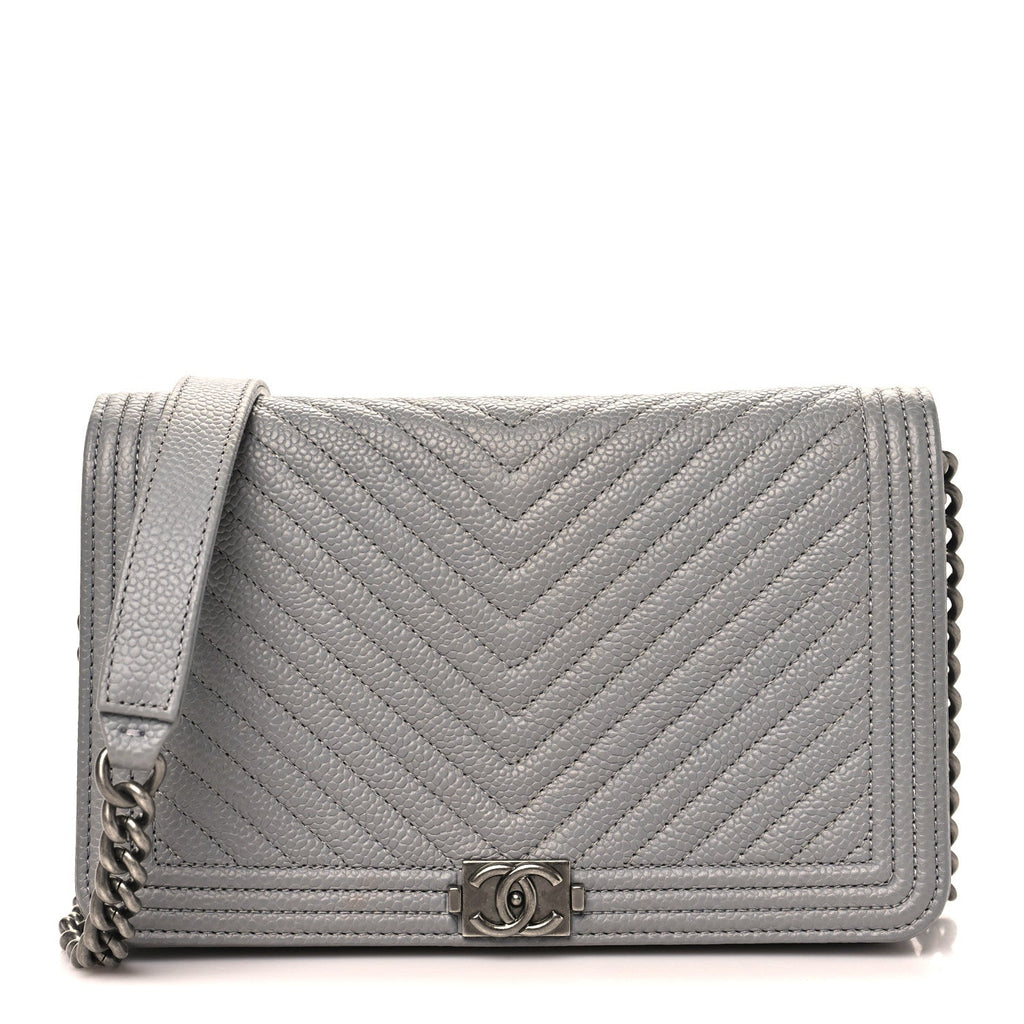 Caviar Chevron Quilted Boy Wallet On Chain WOC Grey