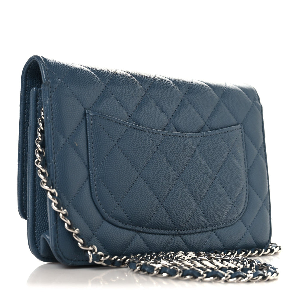 Shiny Caviar Quilted Enamel CC Wallet On Chain WOC Blue