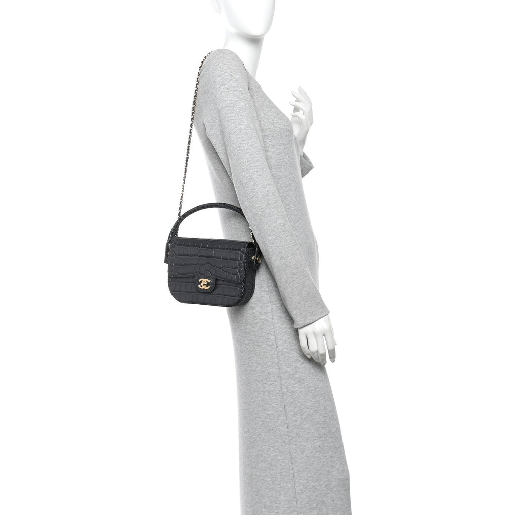 Calfskin Crocodile Embossed Turn Around Mini Flap Dark Grey