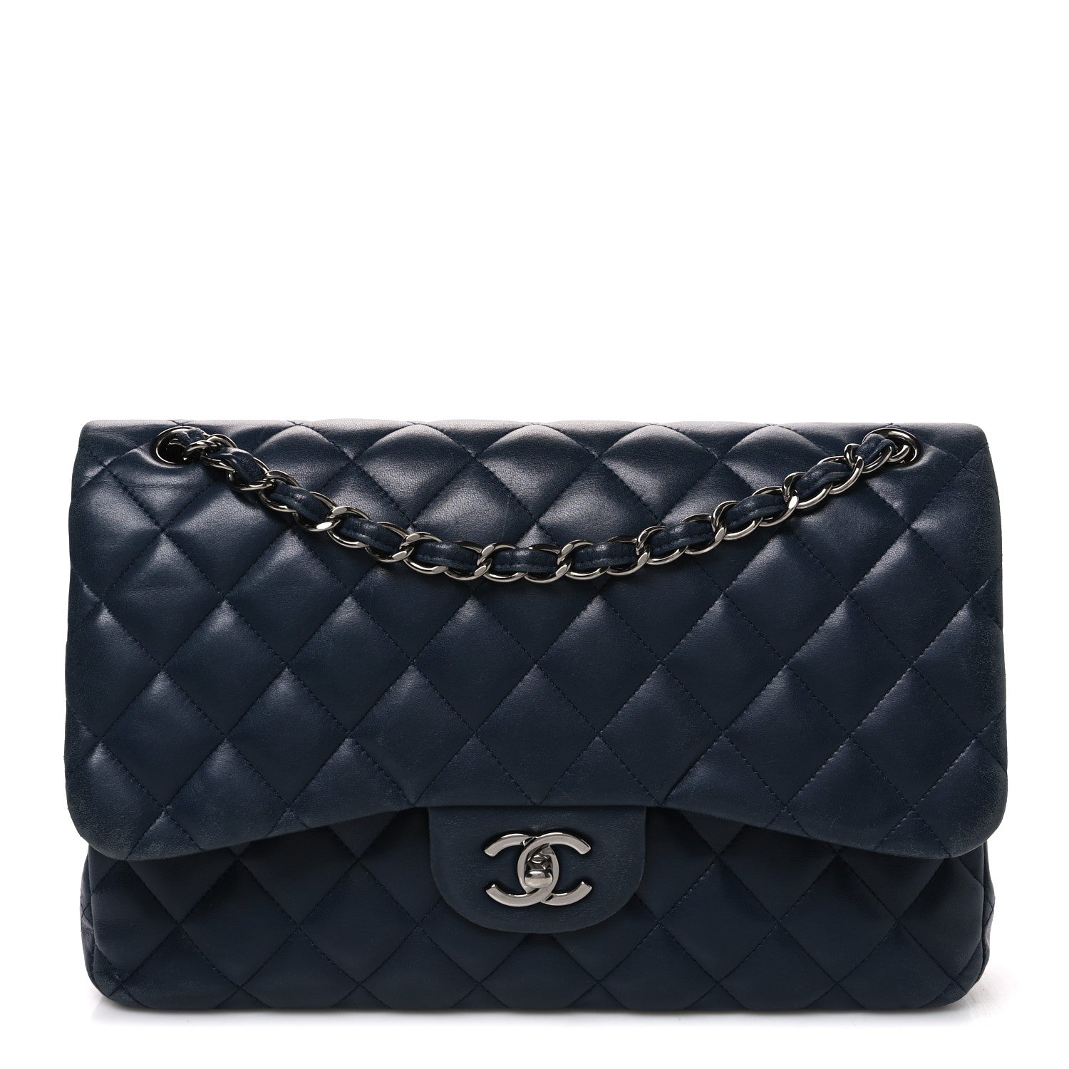 Lambskin Quilted Jumbo Double Flap Navy