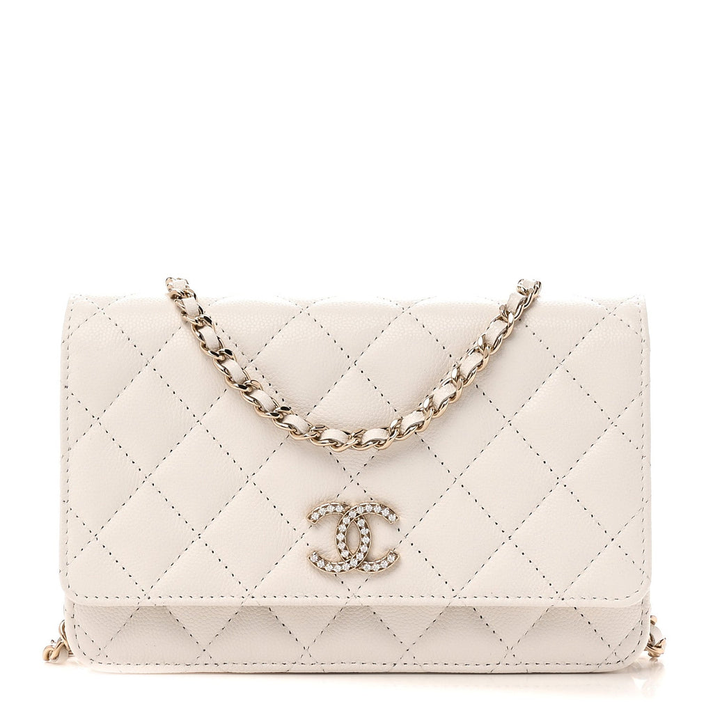 Caviar Quilted Crystal CC Wallet On Chain WOC White