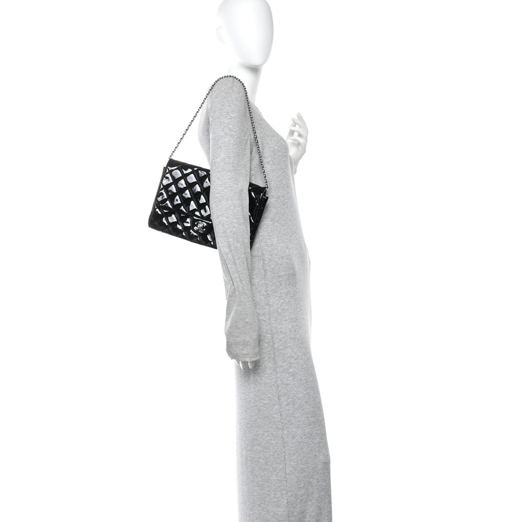 Patent Quilted Clutch with Chain Flap Black