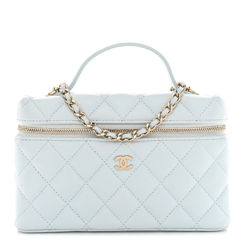 Caviar Quilted Top Handle Slim Vanity With Chain Light Blue