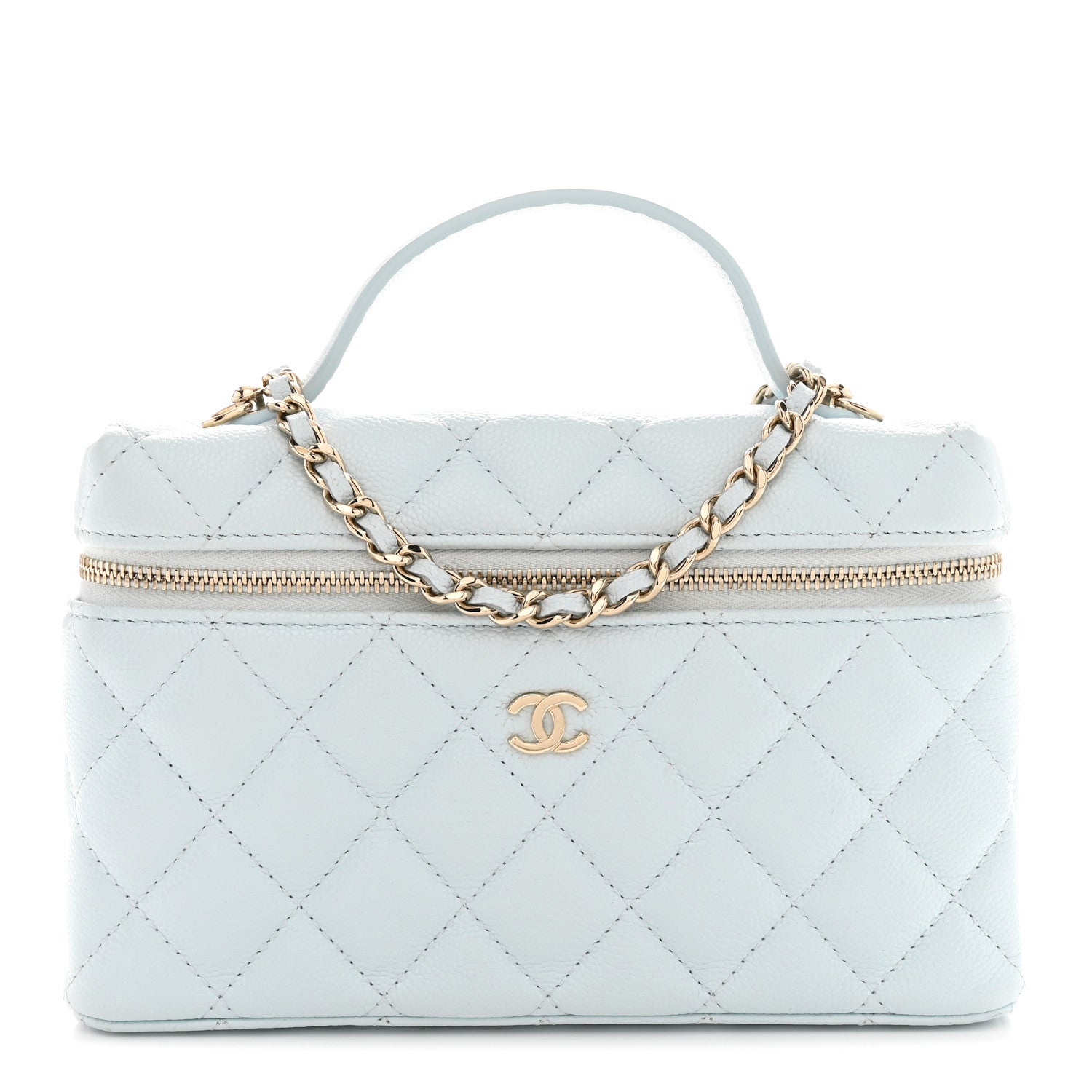 Caviar Quilted Top Handle Slim Vanity With Chain Light Blue