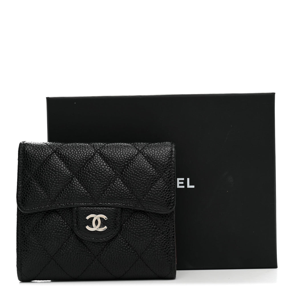 Caviar Quilted Compact Flap Wallet Black