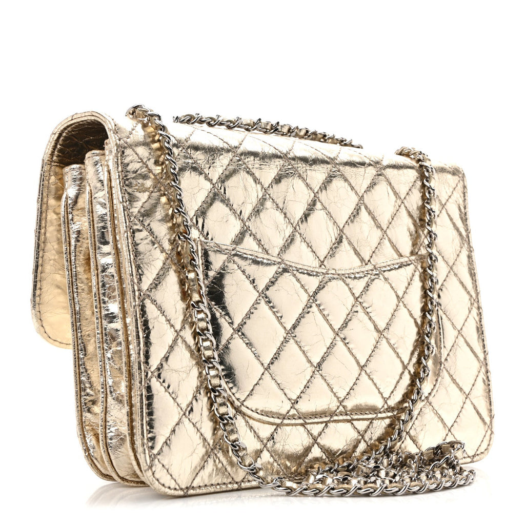 Metallic Crackled Calfskin Medium Clam's Pocket Flap Gold