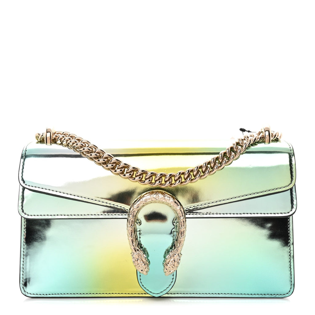 Piuma Shade Lux Mirrored Calfskin Small Dionysus Shoulder Bag Glacial Yellow Silver