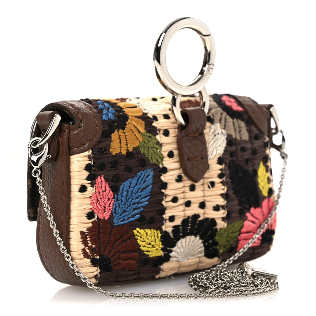 Woven Fabric Calfskin Embroidered Nano Maxi Buckle Baguette Charm Natural Gianduia