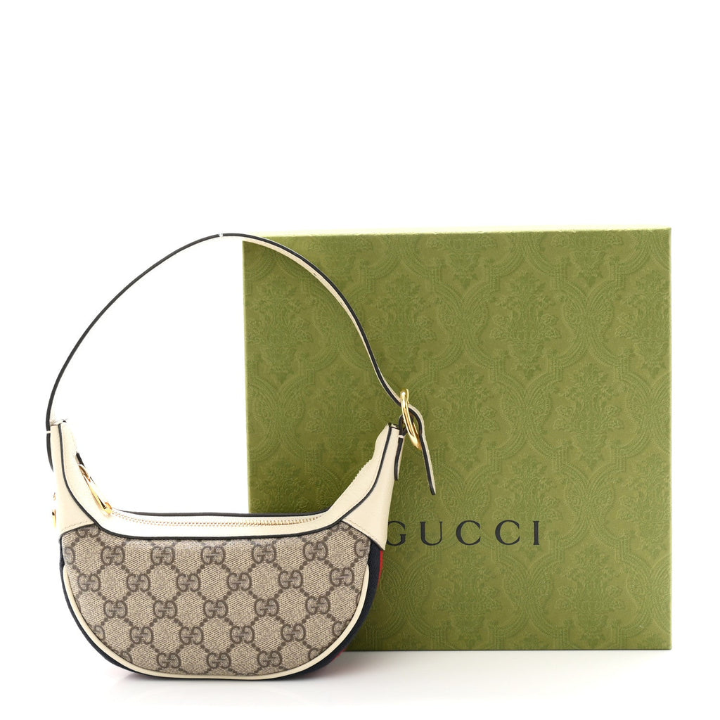 GG Supreme Monogram Textured Dollar Calfskin Web Mini Ophidia Half Moon Hobo Beige Ebony Mystic White