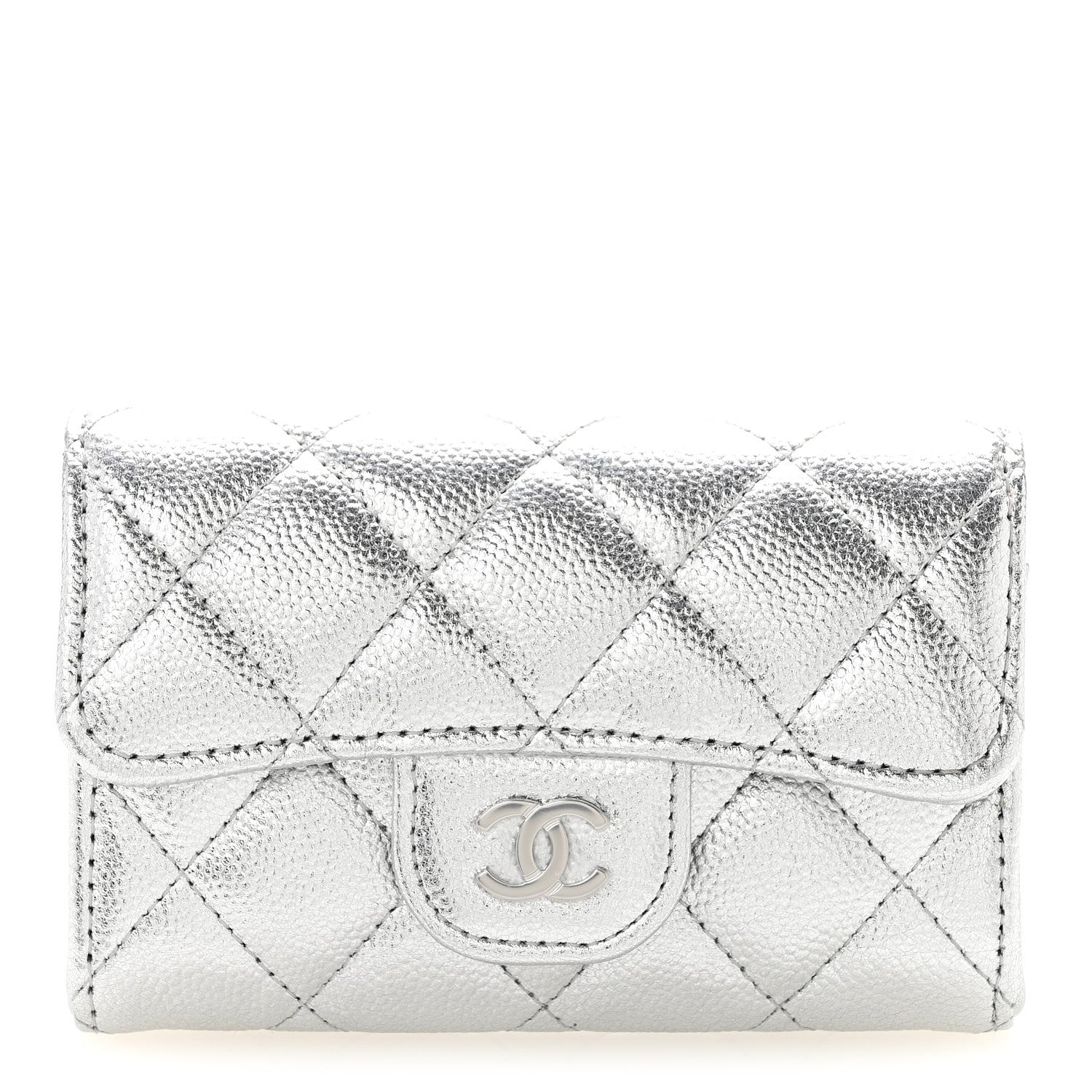 Glittered Metallic Caviar Quilted Flap Card Holder Wallet Silver