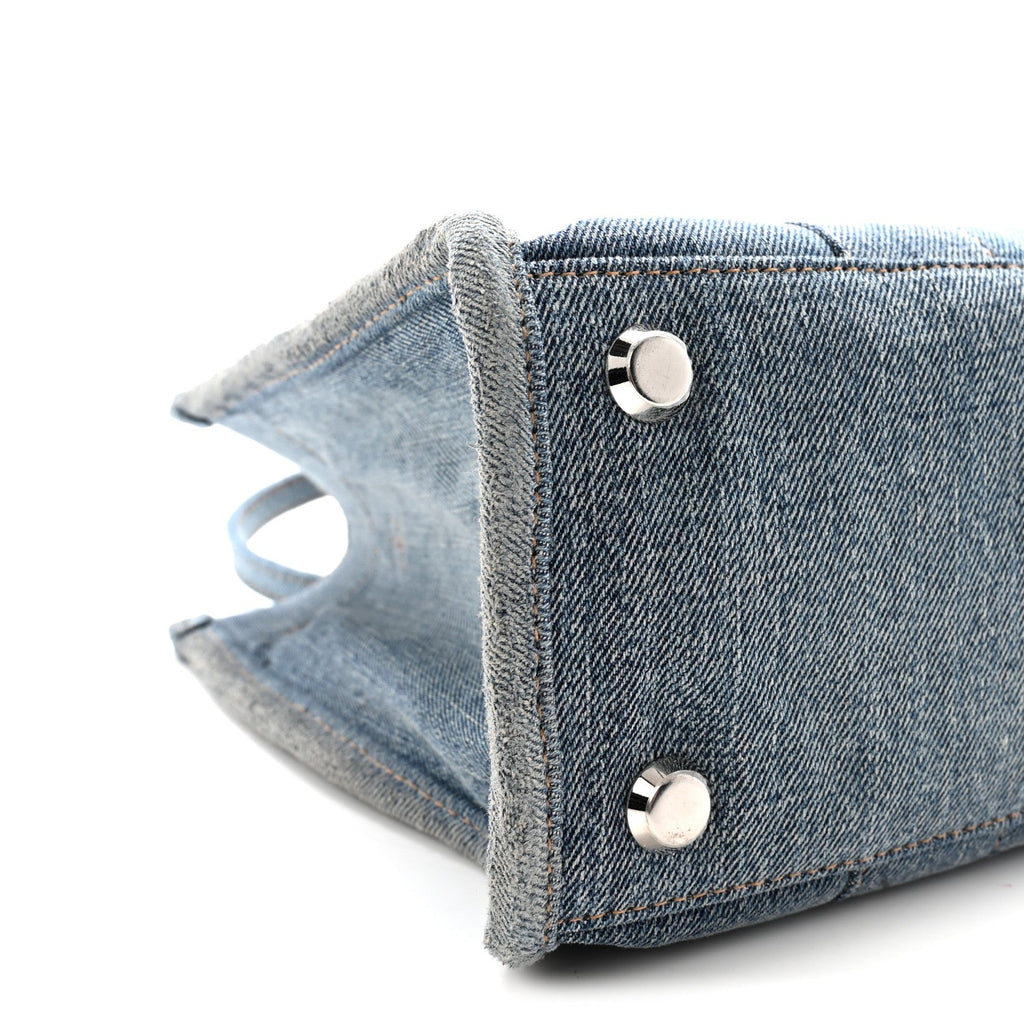 Washed Frayed Denim Logo Small Hardware Tote Blue