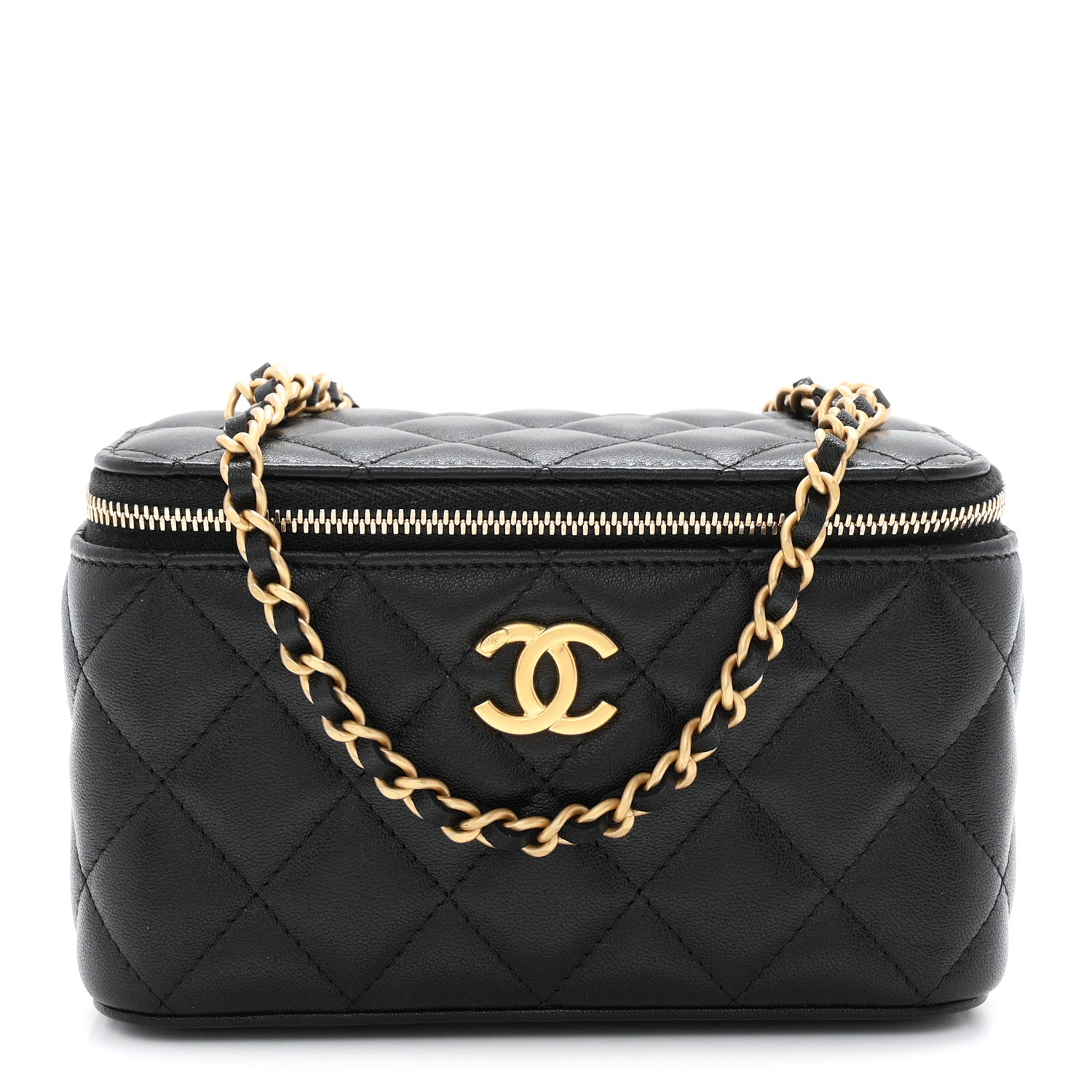 Lambskin Quilted Small Heart Vanity Case With Chain Black