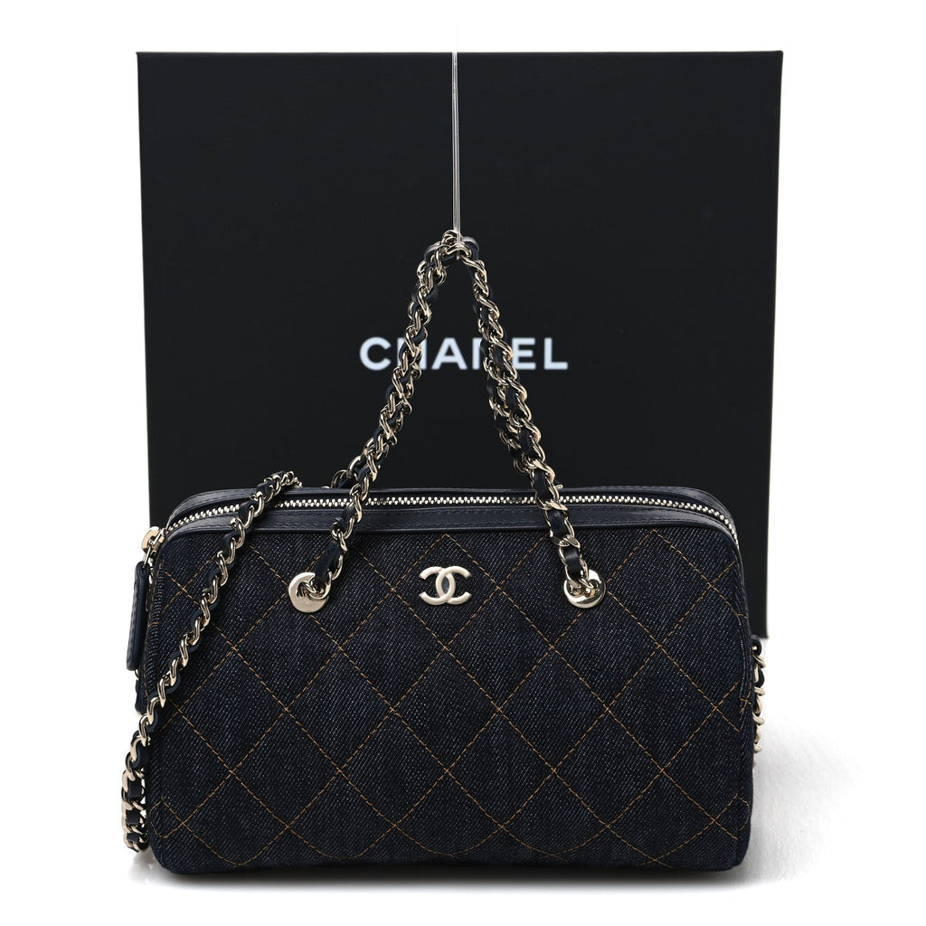 Denim Quilted Barrel Clutch With Chain Dark Blue Orange