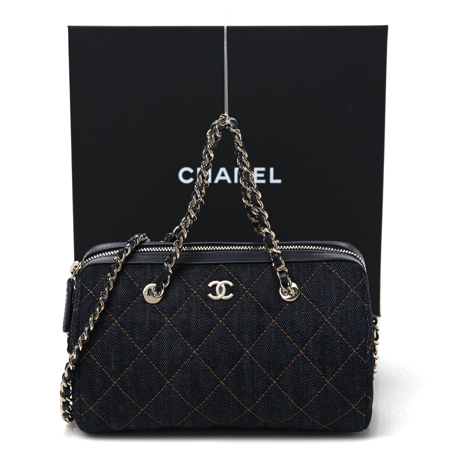 Denim Quilted Barrel Clutch With Chain Dark Blue Orange