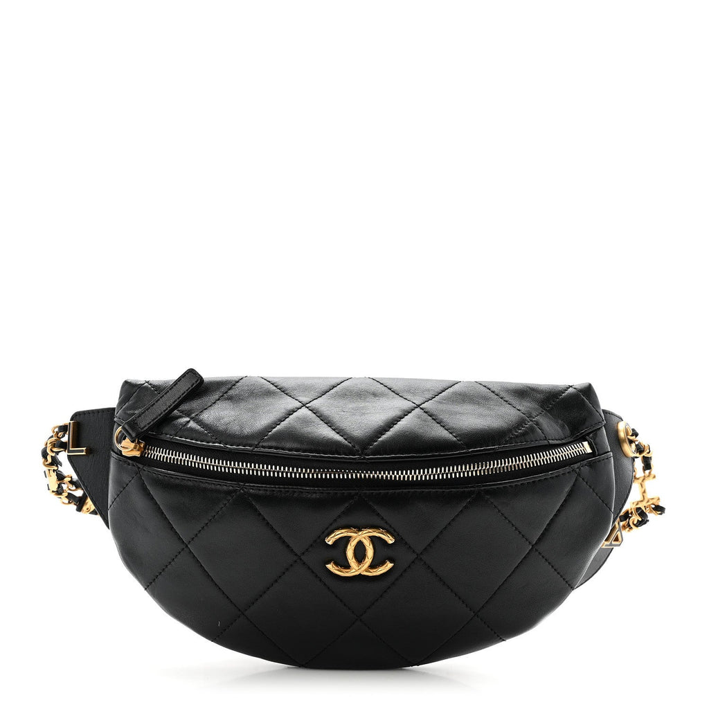Lambskin Quilted Logo Letter Waist Bag Black