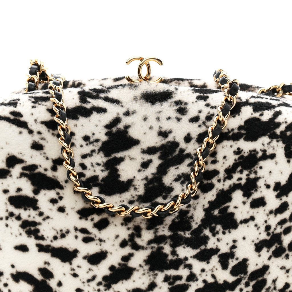 Lambskin Pony Hair Printed Clutch With Chain Black White