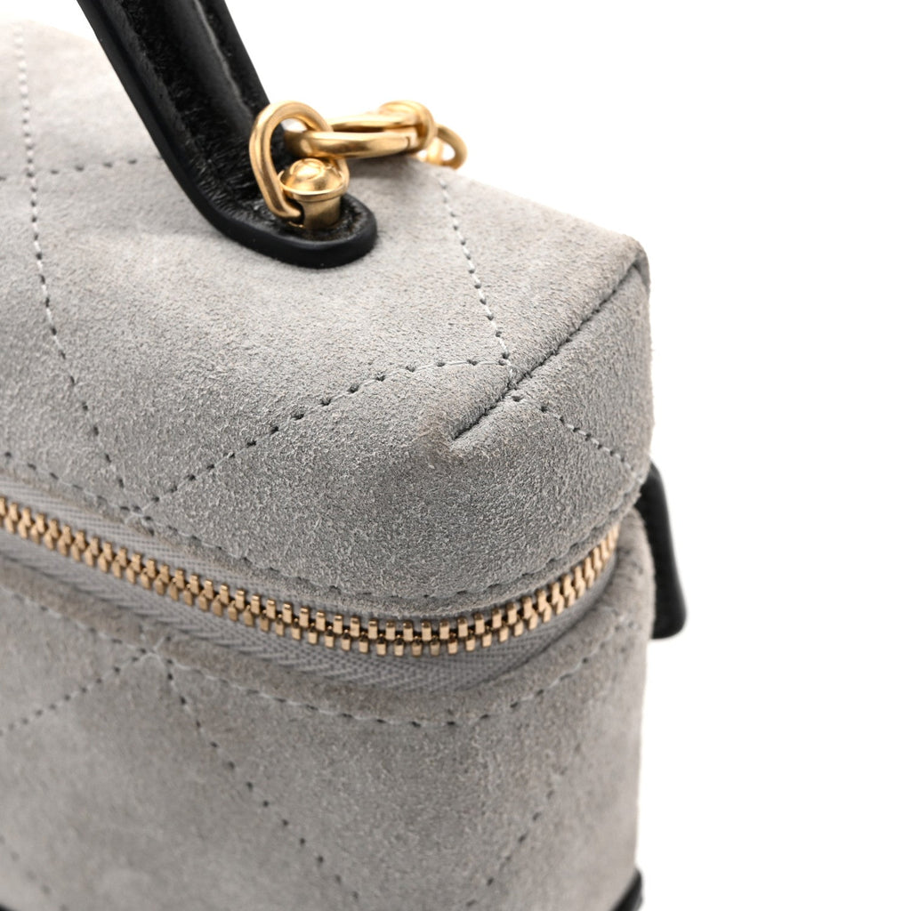 Suede Calfskin Shiny Lambskin Quilted Top Handle Slim Vanity Case With Chain Grey Black Grey Black