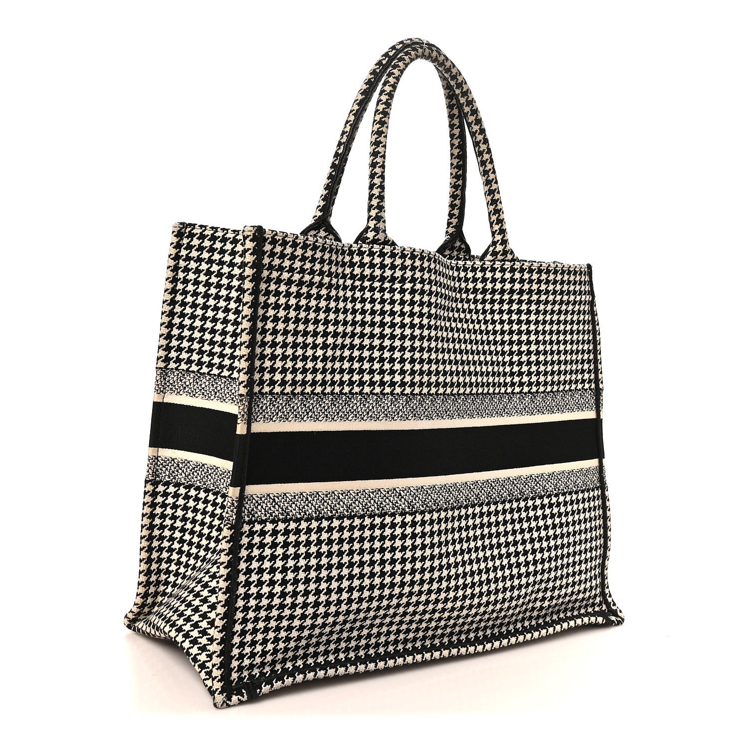 Canvas Houndstooth Embroidered Large Book Tote Black White