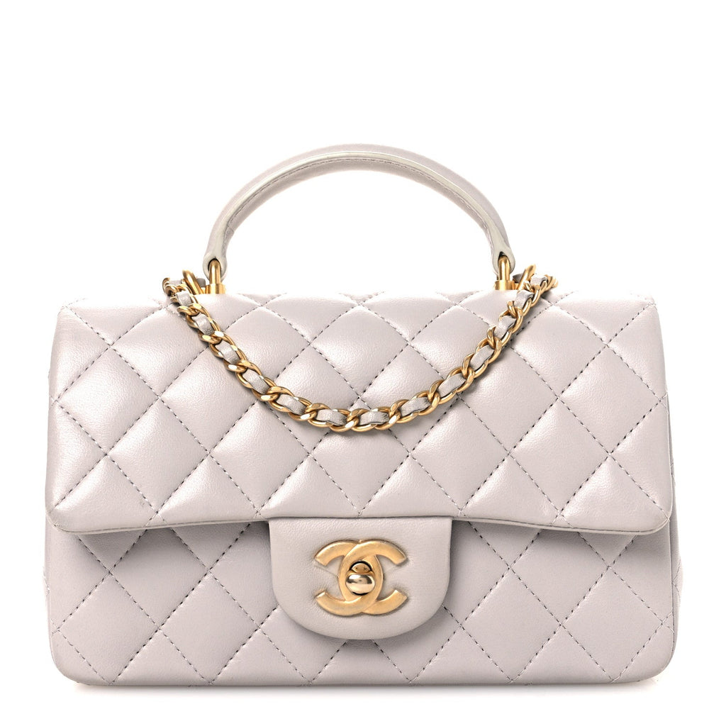 Lambskin Quilted Mini Top Handle Rectangular Flap Grey