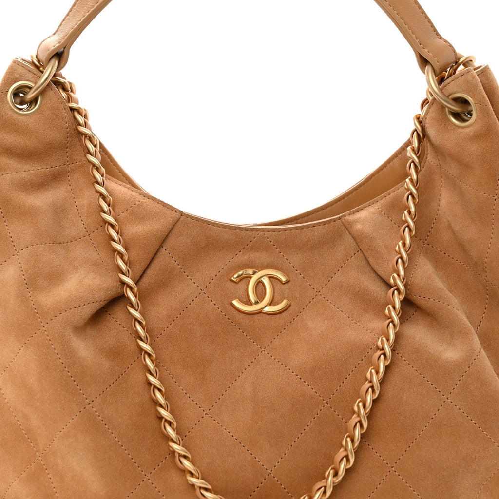 Suede Calfskin Lambskin Quilted Maxi Hobo Light Brown