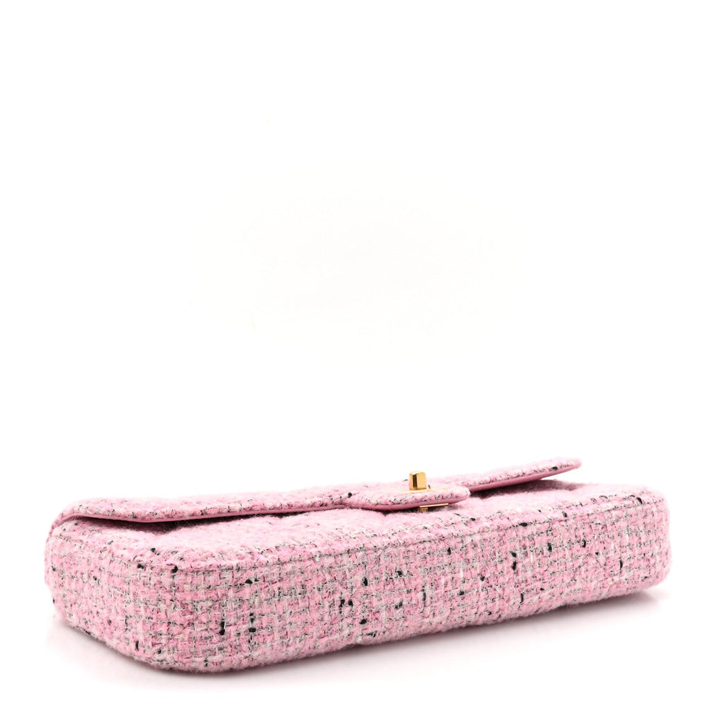 Tweed Large Top Handle Clutch With Chain Pink Black Ecru