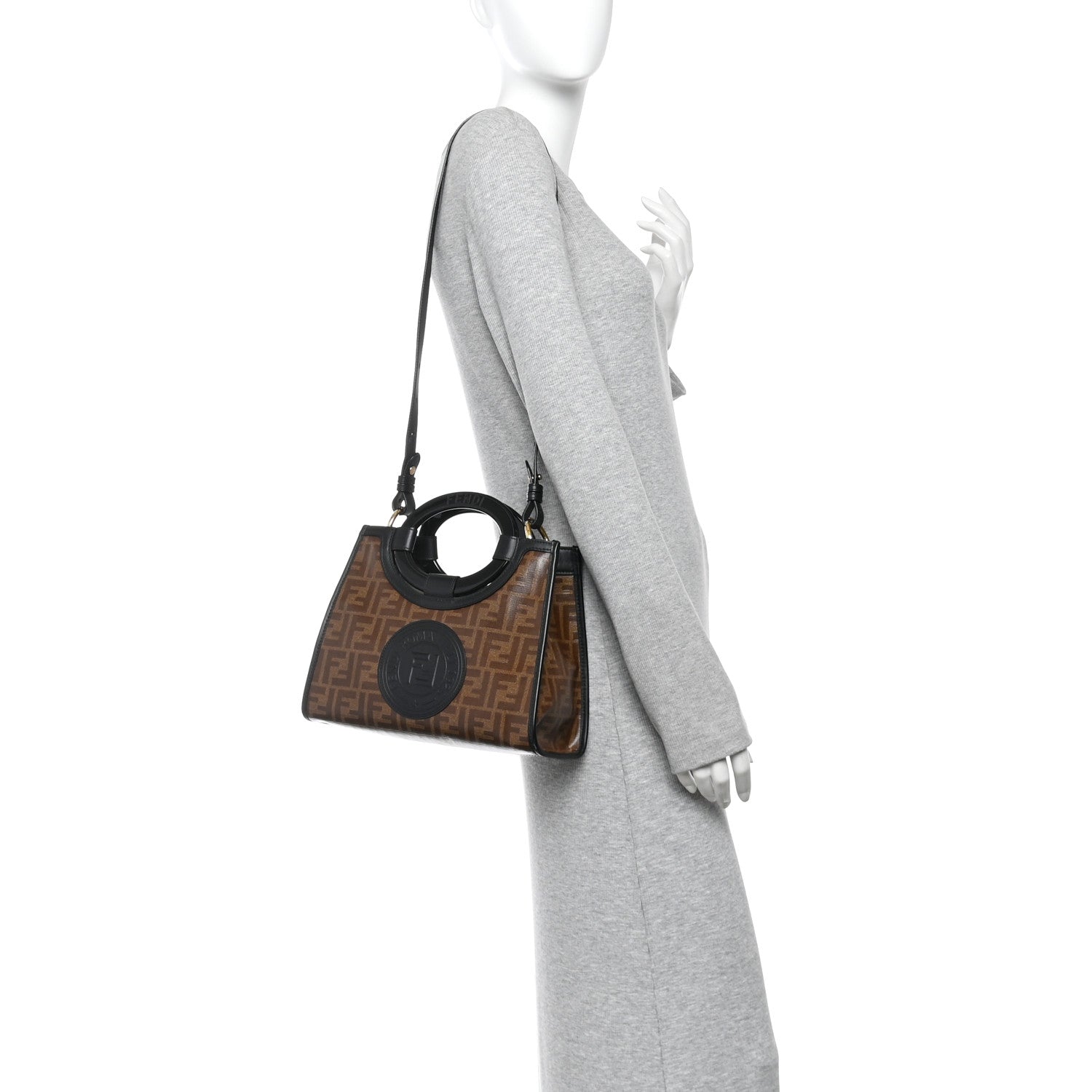 Glazed Fabric Vitello Century Plexiglass FF 1974 Stamp Patch Small Runaway Shopper Tote Mogano Panna Black