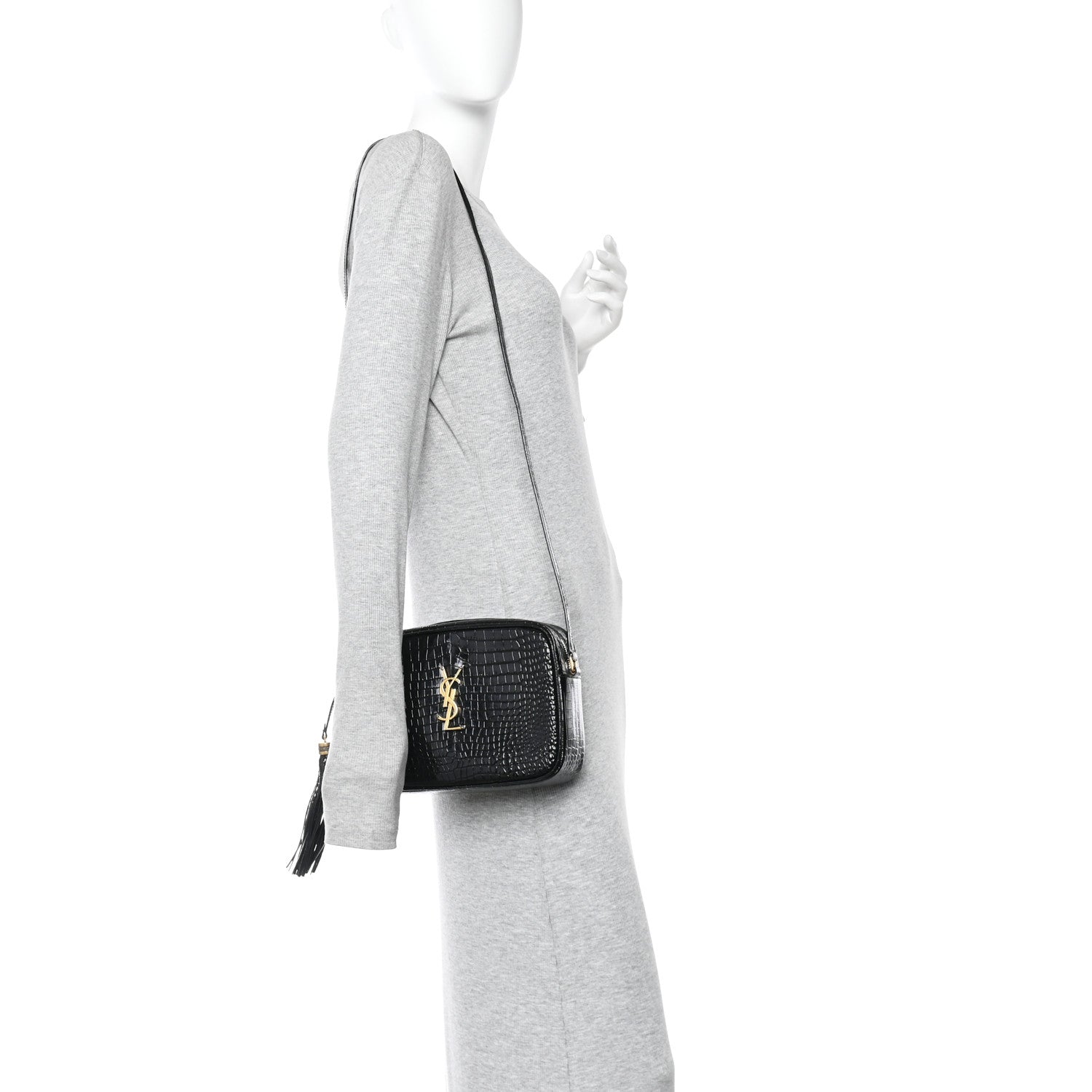Patent Calfskin Crocodile Embossed Monogram Lou Camera Bag Black